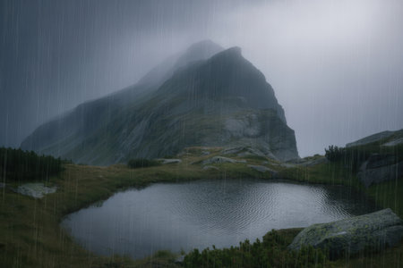 A rugged mountain peak is obscured by mist and rain. A small, dark lake with ripples sits in the foreground, surrounded by grassy terrain and rocks.の素材