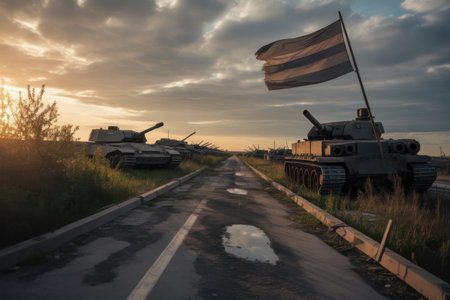 A line of military tanks sits beside a cracked and overgrown road under a dramatic sunset sky with a tattered flag waving.の素材