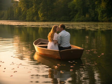 A couple shares a tender moment in a rowboat on a lake during golden hour, surrounded by nature.の素材