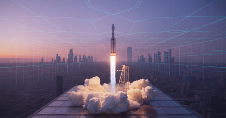 Rocket Launching from a Futuristic Cityscape with Digital Grid Overlayの素材