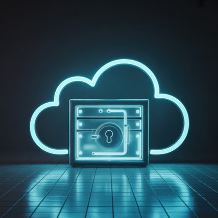 A neon cloud icon hovers over a digital lockbox with a keyhole, symbolizing secure cloud storage.の素材