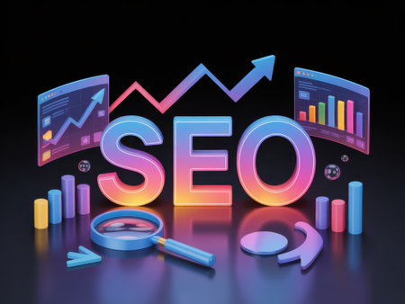 3D illustration of SEO with charts, graphs, and a magnifying glass on a dark background.の素材