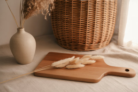 Rustic Still Life: Vase, Cutting Board, and Dried Grassesの素材