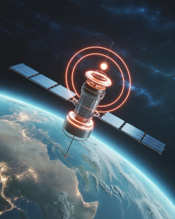 A detailed satellite with solar panels orbits Earth, emitting glowing orange signal rings into the starry expanse.の素材