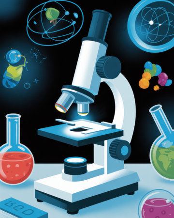 A vibrant illustration depicting scientific research with a microscope, flasks, and molecular models.の素材