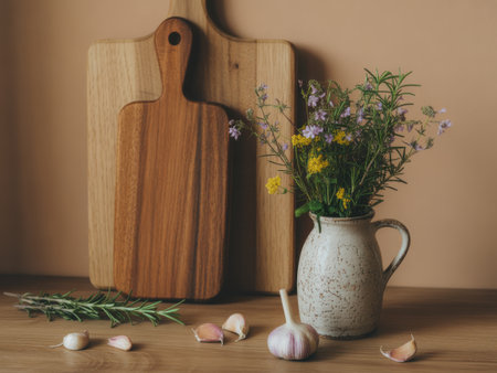 Rustic Kitchen Still Life with Garlic, Rosemary, and Wildflowersの素材