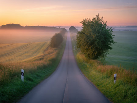 A solitary road winds through foggy fields at sunrise, bathed in warm, soft light.の素材
