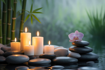 A tranquil spa scene with lit candles, smooth stones, bamboo, and a delicate orchid.の素材