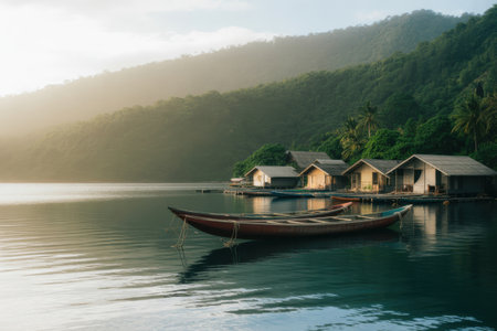 Serene Tropical Village on Water with Boats and Lush Green Mountainsの素材
