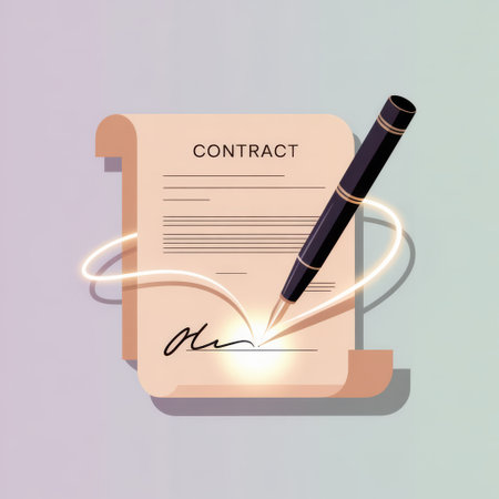 A pen is signing a contract document with a signature, symbolizing a business agreement.の素材