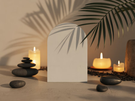 Serene Spa Display with Candles, Stones, and Palm Leaf Shadowsの素材