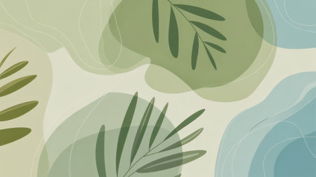 Soft abstract organic shapes in muted greens and blues with delicate white lines and dark green leaf silhouettes.の素材