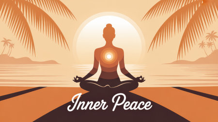 A silhouette of a person meditating in a lotus position on a beach at sunset, with palm trees and the ocean in the background.の素材