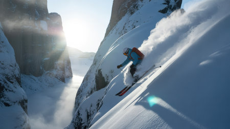 A skier in a blue jacket carves down a steep, snow-covered mountain slope, kicking up powder.の素材