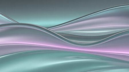 Smooth, flowing waves of iridescent metallic liquid in shades of teal and pink create a dynamic, abstract background with soft reflections and a subtle sheen.の素材