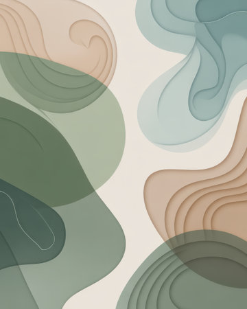 Layered abstract organic shapes in muted green beige and blue tones create a soft textured background with subtle shadows and depth.の素材