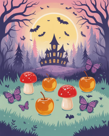 A whimsical Halloween scene featuring a haunted house, bats, butterflies, mushrooms, and apples in a spooky forest.の素材