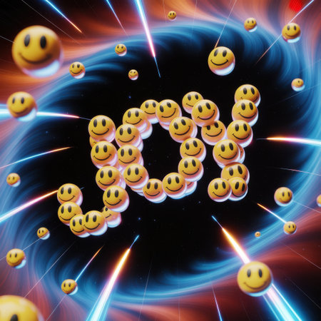 A digital illustration of yellow smiley faces forming the word "joy" against a dark cosmic background with swirling blue and orange energy streaks.の素材