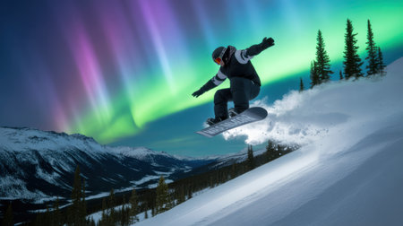 A snowboarder performs a jump against the backdrop of a stunning aurora borealis in a snowy mountain landscape.の素材