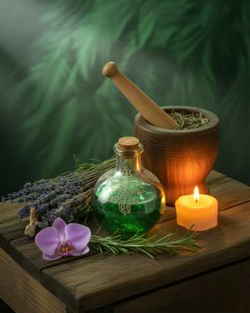 A rustic wooden table holds a green liquid in a decorative glass bottle, lavender, an orchid, rosemary, a mortar with herbs, and a lit candle.の素材