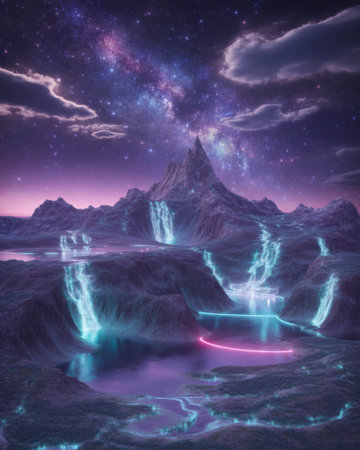 A surreal alien mountain range under a vibrant starry sky with glowing neon waterfalls and rivers.の素材