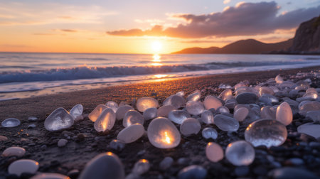 Sunset Glow on a Pebble Beach with Translucent Stonesの素材