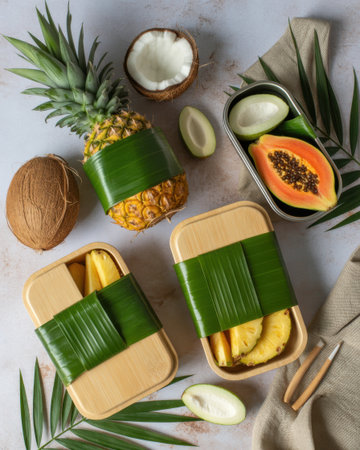 Flat lay of tropical fruits including pineapple, papaya, and coconuts arranged in bamboo containers and on a textured surface with green leaves.の素材