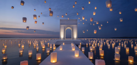Thousands of Sky Lanterns Illuminate the Night Sky Over Waterの素材