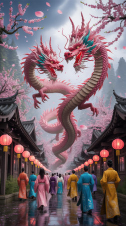 Two pink dragons fly over a street with cherry blossoms, traditional buildings, and red lanterns. People in colorful robes walk on a wet, reflective path.の素材