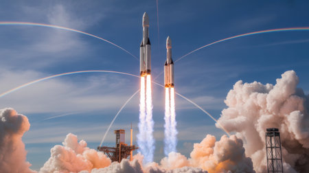 Twin Rockets Launch into the Sky with Rainbows and Smokeの素材