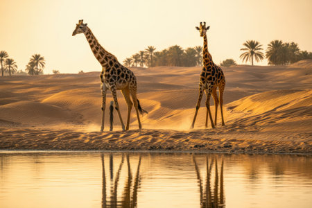 Two Giraffes Drink Water in a Desert Oasis at Sunsetの素材