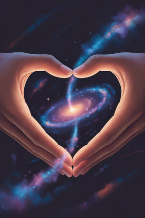 Two human hands form a heart shape framing a luminous swirling galaxy with vibrant blues purples and pinks against a dark cosmic background.の素材