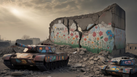 Two tanks adorned with colorful floral art sit amidst the rubble of a war-torn city, with a crumbling wall featuring a peace mural.の素材