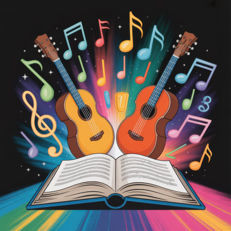 Two acoustic guitars and colorful musical notes explode from an open book, symbolizing music's vibrant energy.の素材