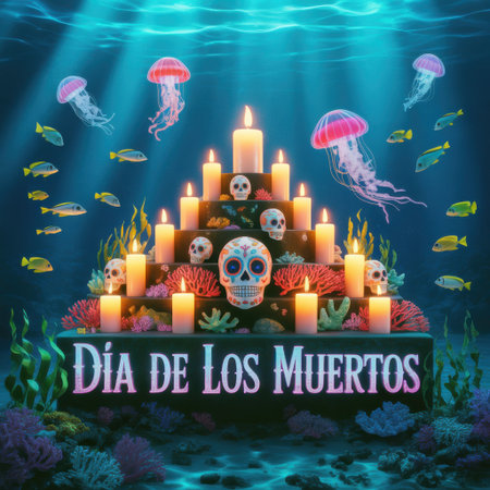 An underwater altar with skulls candles jellyfish and fish. The altar is decorated with coral and has the words Dia de los Muertos on the front.の素材