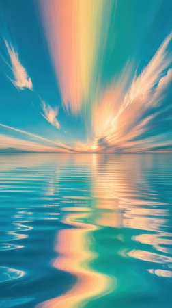 A digital painting shows vibrant pastel sky beams radiating from a sunset or sunrise over a rippling turquoise ocean.の素材