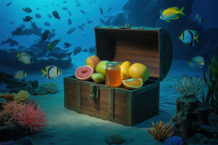 Underwater Treasure Chest Filled with Fruit and Honey, Surrounded by Fishの素材