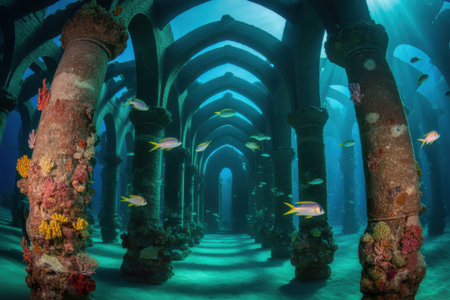 Sunken stone columns and arches create a pathway in a dark blue underwater environment. Fish swim through the ancient structure covered in colorful coral.の素材