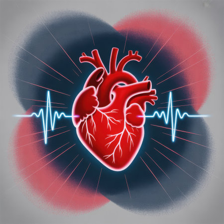 A stylized red heart with a glowing blue EKG line, symbolizing life and health.の素材