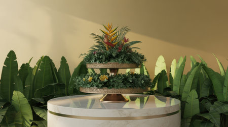 A two-tiered gold stand holds a lush floral arrangement with tropical leaves and yellow flowers, set against a warm gold wall and surrounded by large green leaves.の素材