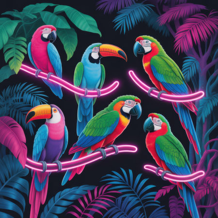 A vibrant digital illustration of colorful parrots and a toucan perched on glowing neon branches in a dark, tropical setting.の素材