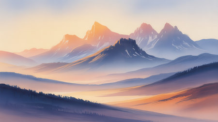 Watercolor painting of layered mountains in soft pastel colors. Misty valleys and snow-capped peaks are illuminated by warm sunrise light.の素材