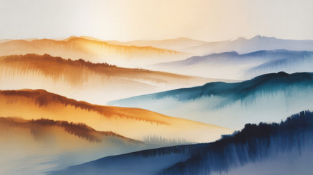 A watercolor painting depicts layered mountain ranges fading into mist with warm orange and yellow tones in the foreground transitioning to cool blues and whites in the distance.の素材
