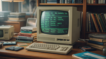 A vintage computer with a green text display sits on a wooden desk surrounded by books and media.の素材