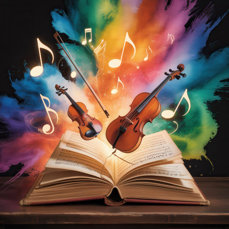 An open book reveals violins and musical notes against a vibrant, abstract, colorful background.の素材