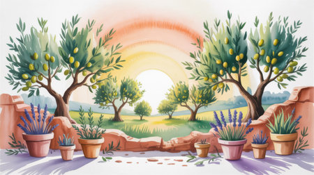 Watercolor illustration of olive trees with green fruit and potted lavender plants against a sunrise sky.の素材