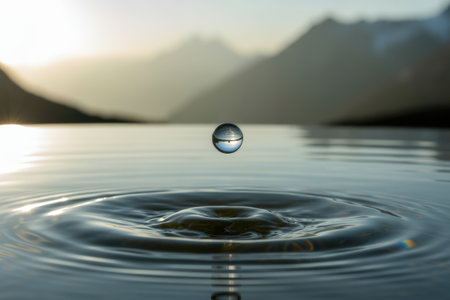 A single water droplet hangs in the air, reflecting mountains and sky, above ripples on a calm lake.の素材