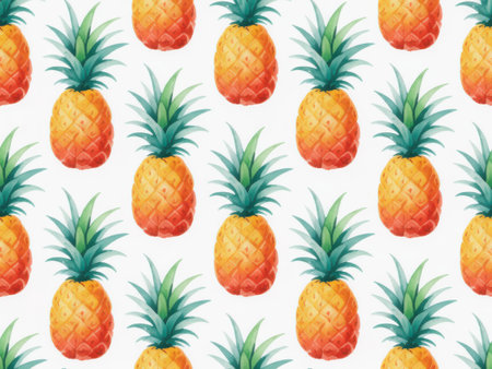 A vibrant watercolor pattern of pineapples with green leaves on a white background.の素材