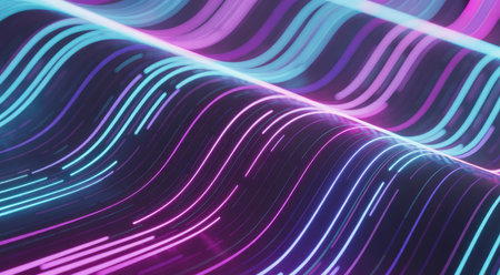 Abstract wavy lines of neon pink and blue light flow across a dark, textured surface creating a futuristic and energetic visual.の素材