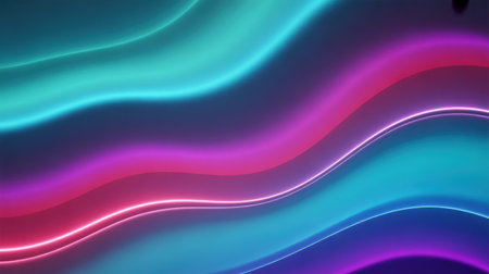 Smooth wavy lines of neon light in turquoise pink and purple flow across a dark gradient background creating a dynamic abstract visual.の素材